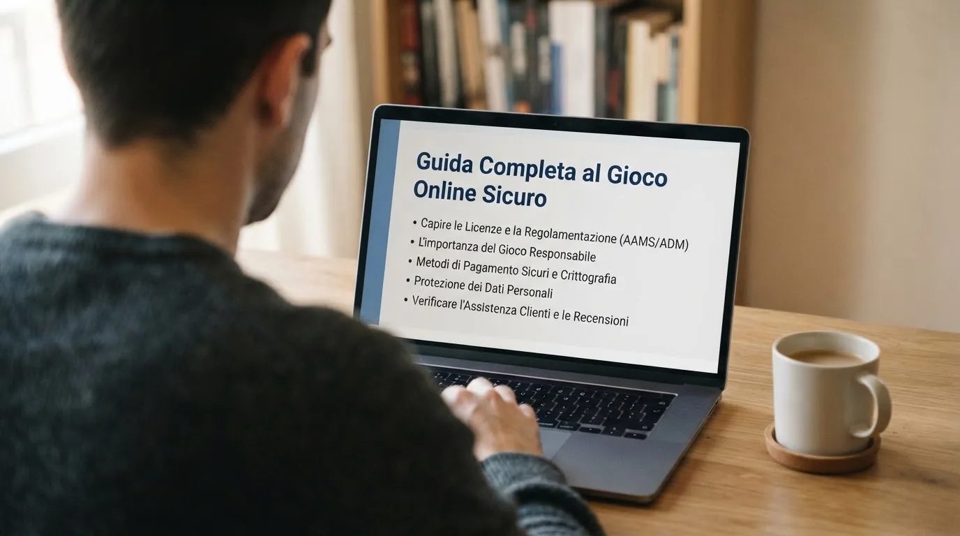 Persona davanti a un portatile che legge una pagina informativa sul gioco online in Italia — 100 giri gratis senza deposito