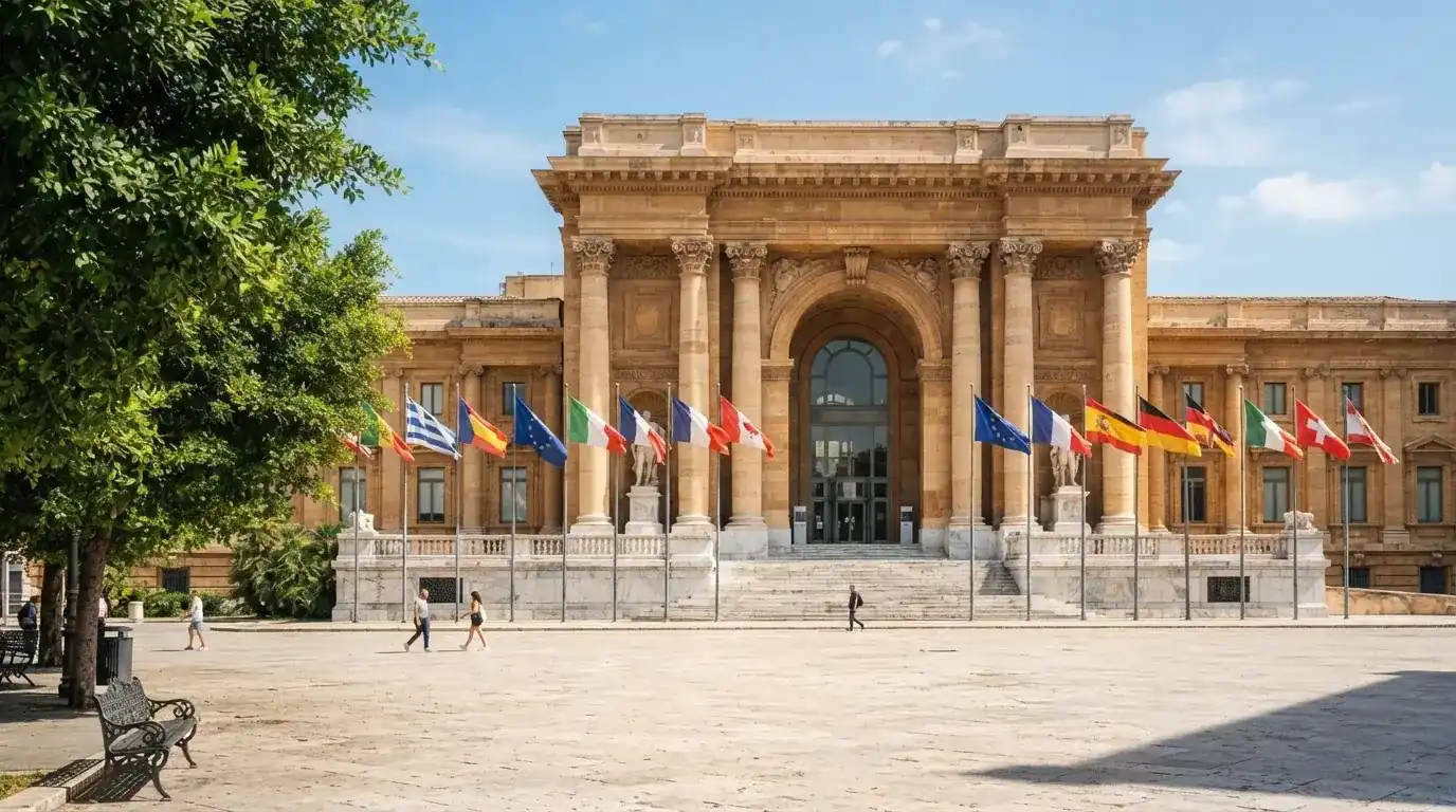 Palazzo istituzionale con bandiere al vento in una piazza soleggiata — 100 giri gratis senza deposito