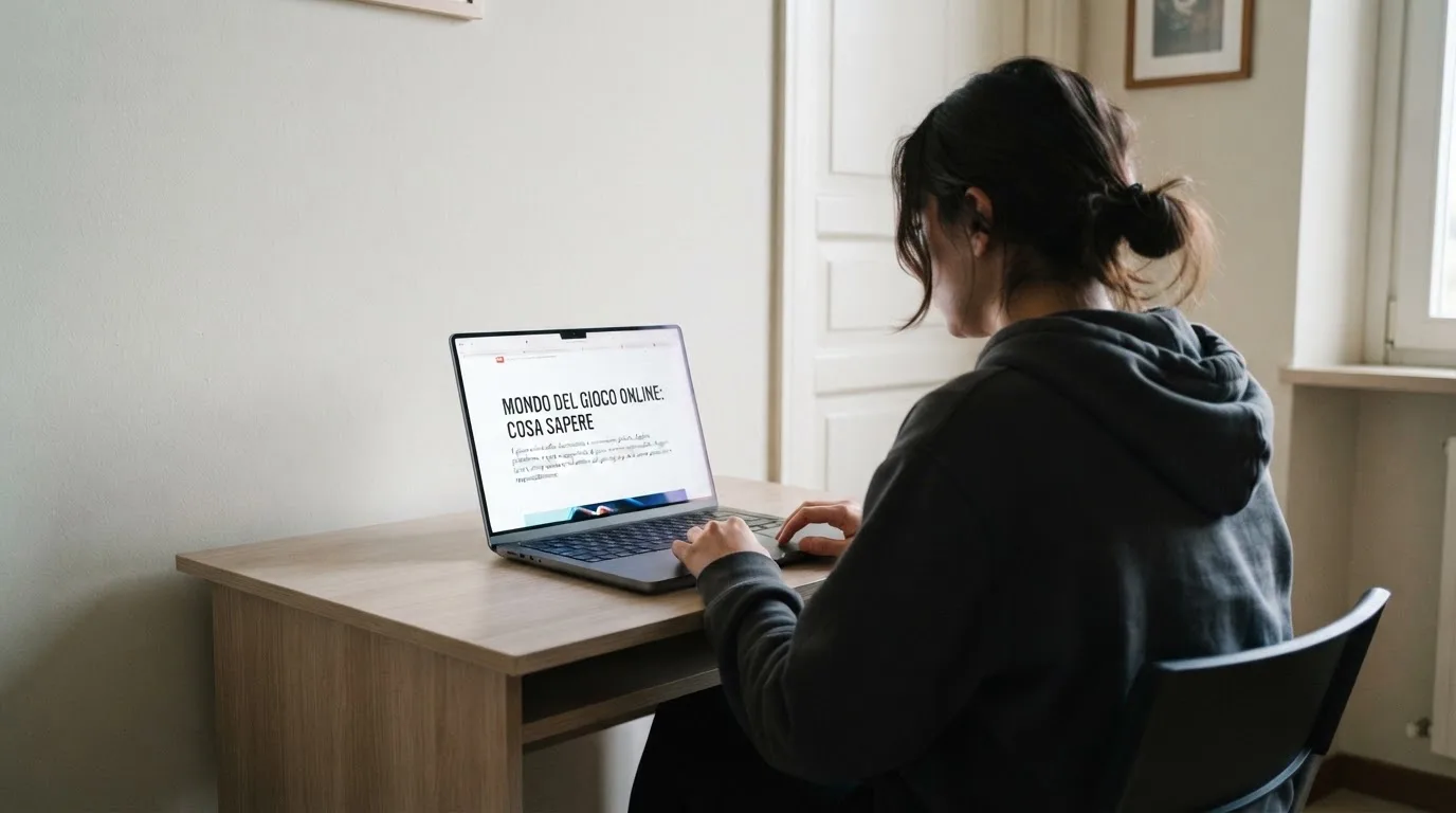 Persona davanti a un portatile che legge una pagina informativa sul gioco online in Italia — 25, 30, 50, 100, 200 giri gratis senza deposito