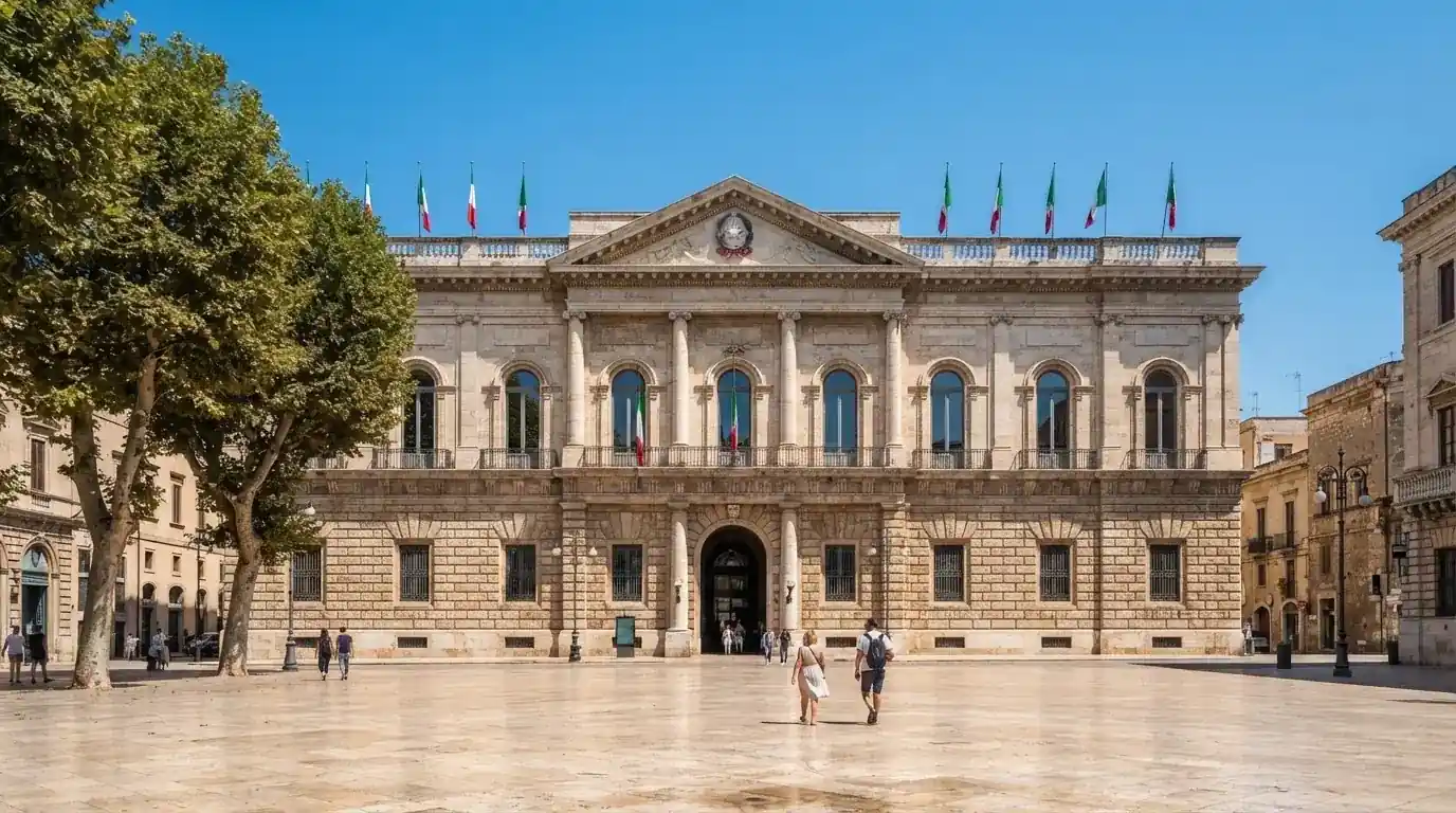 Palazzo istituzionale con bandiere al vento in una piazza soleggiata — 25, 30, 50, 100, 200 giri gratis senza deposito