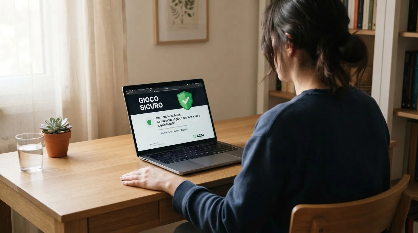 Persona davanti a un portatile che legge una pagina informativa sul gioco online in Italia — 50 free spins senza deposito