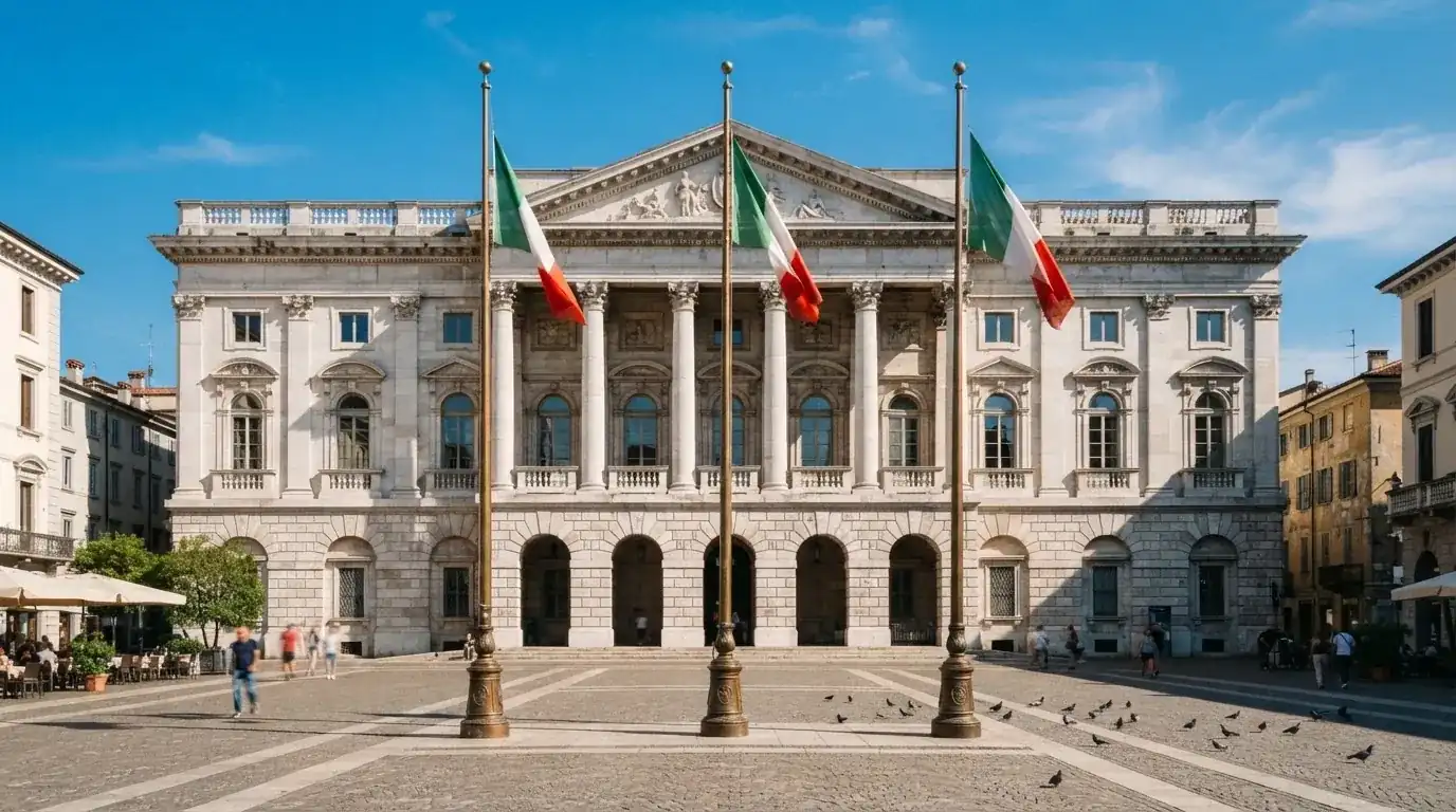 Palazzo istituzionale con bandiere al vento in una piazza soleggiata — 50 free spins senza deposito