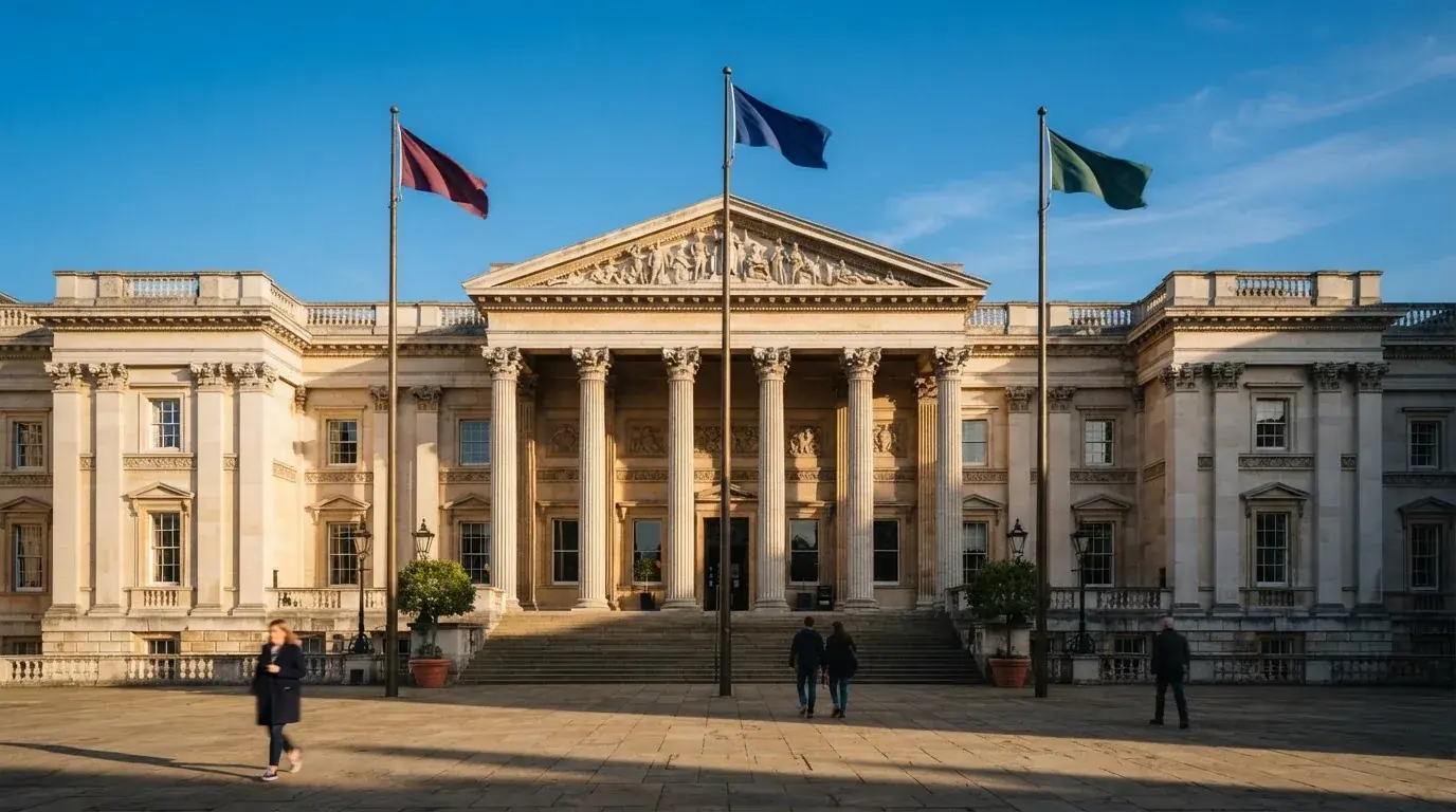 Palazzo istituzionale con bandiere al vento in una piazza soleggiata — big time gaming live casino italia