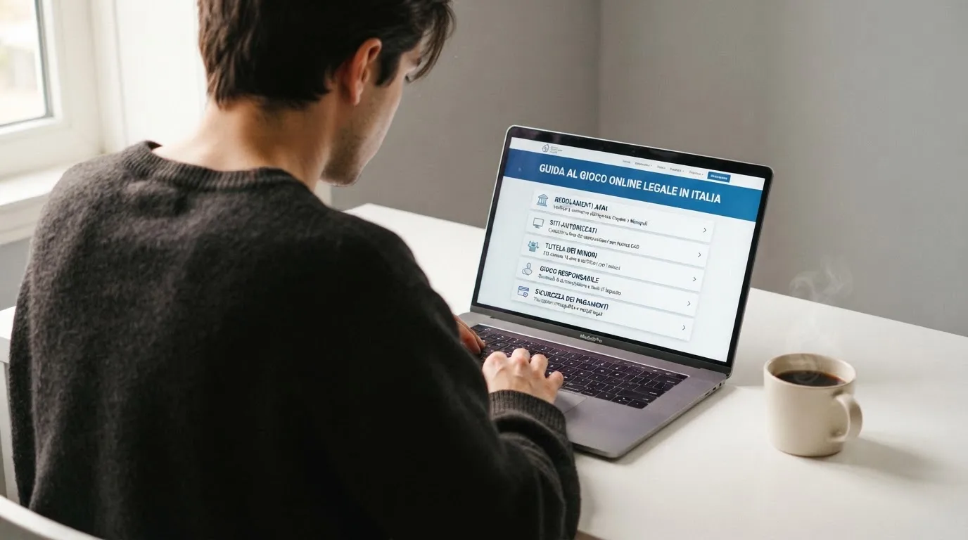 Persona davanti a un portatile che legge una pagina informativa sul gioco online in Italia — casinò che accettano bitcoin