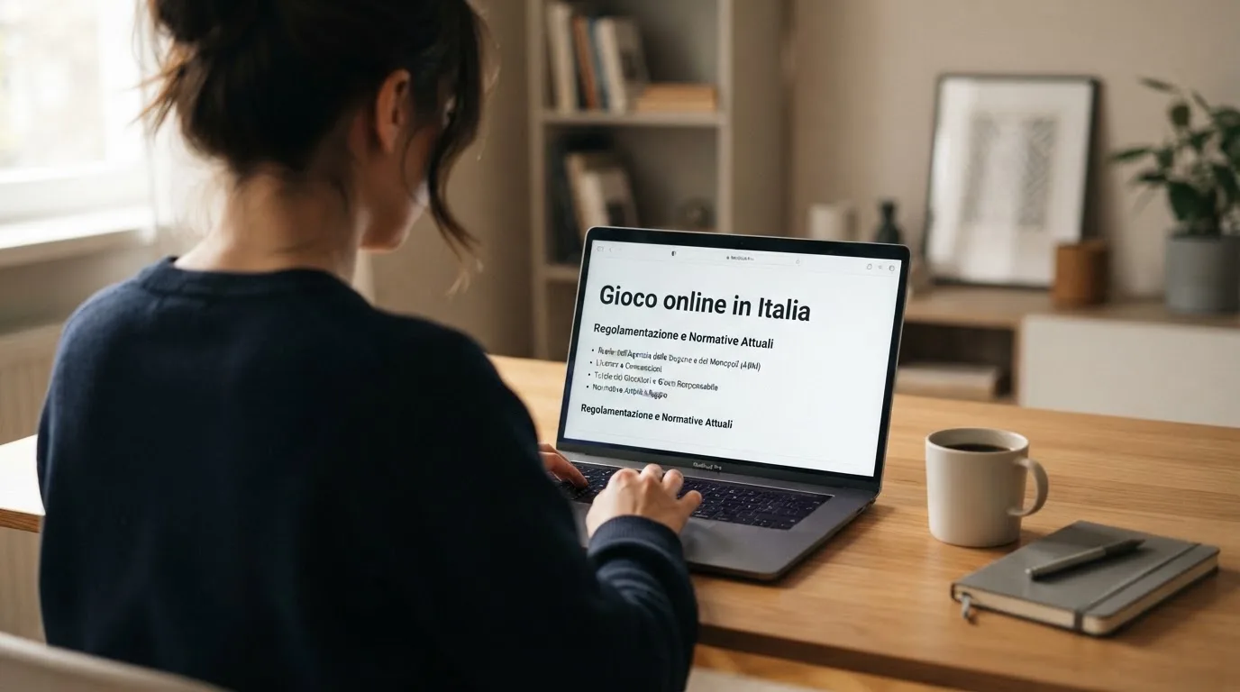 Persona davanti a un portatile che legge una pagina informativa sul gioco online in Italia — casino com app android