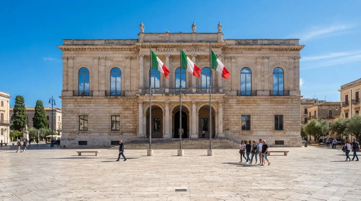 Palazzo istituzionale con bandiere al vento in una piazza soleggiata — casino com app android