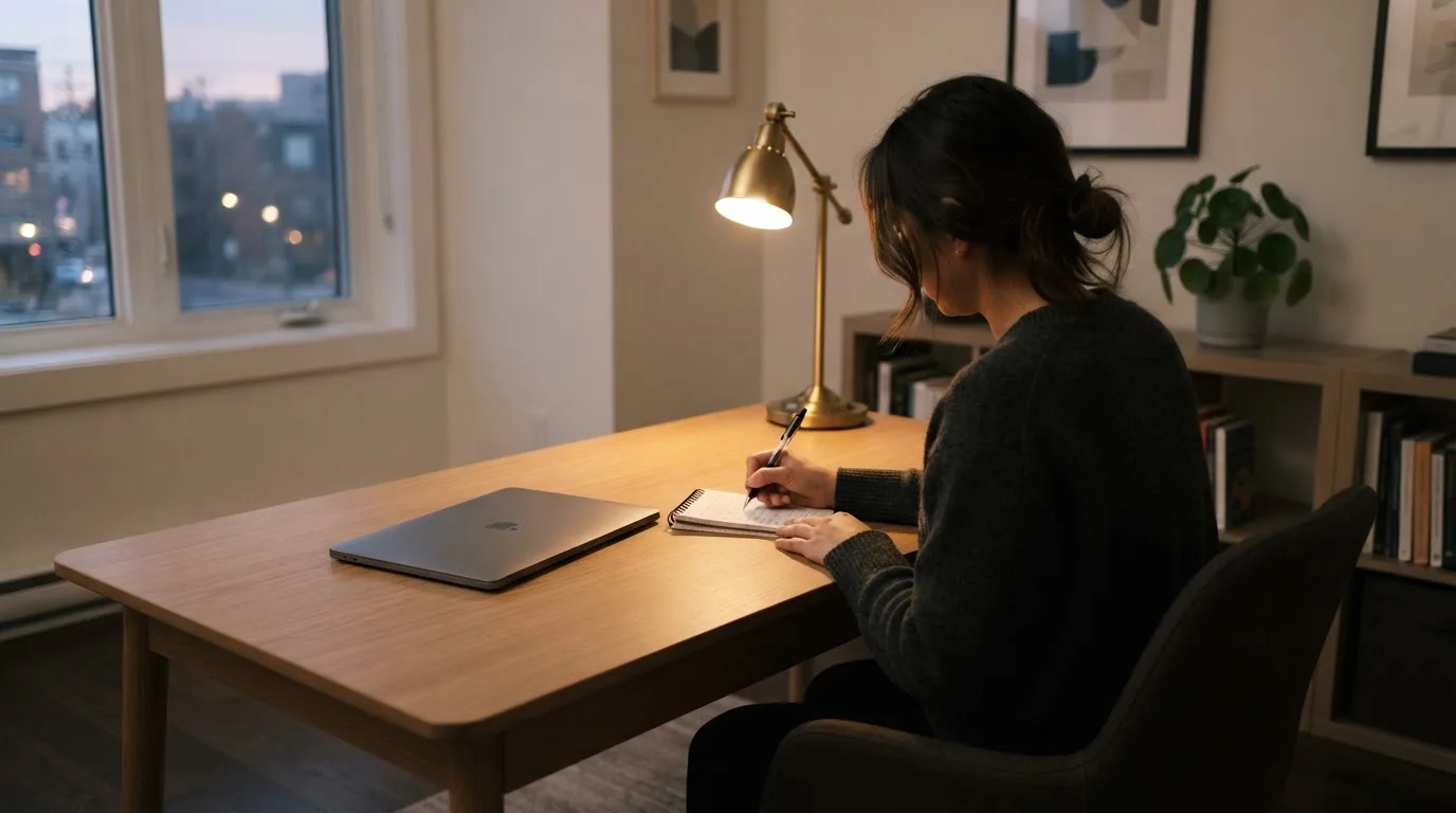 Una persona seduta a una scrivania minimalista con un laptop chiuso e una lampada accesa in un ufficio domestico ordinato.