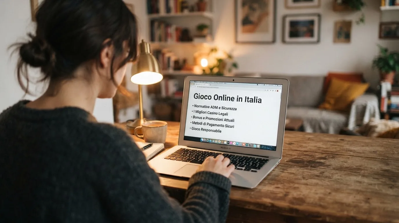 Persona davanti a un portatile che legge una pagina informativa sul gioco online in Italia — casino dal vivo online