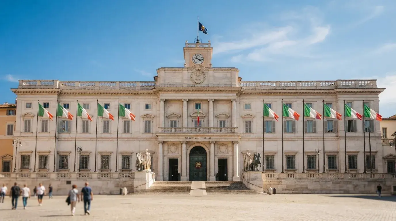 Palazzo istituzionale con bandiere al vento in una piazza soleggiata — casino dal vivo online