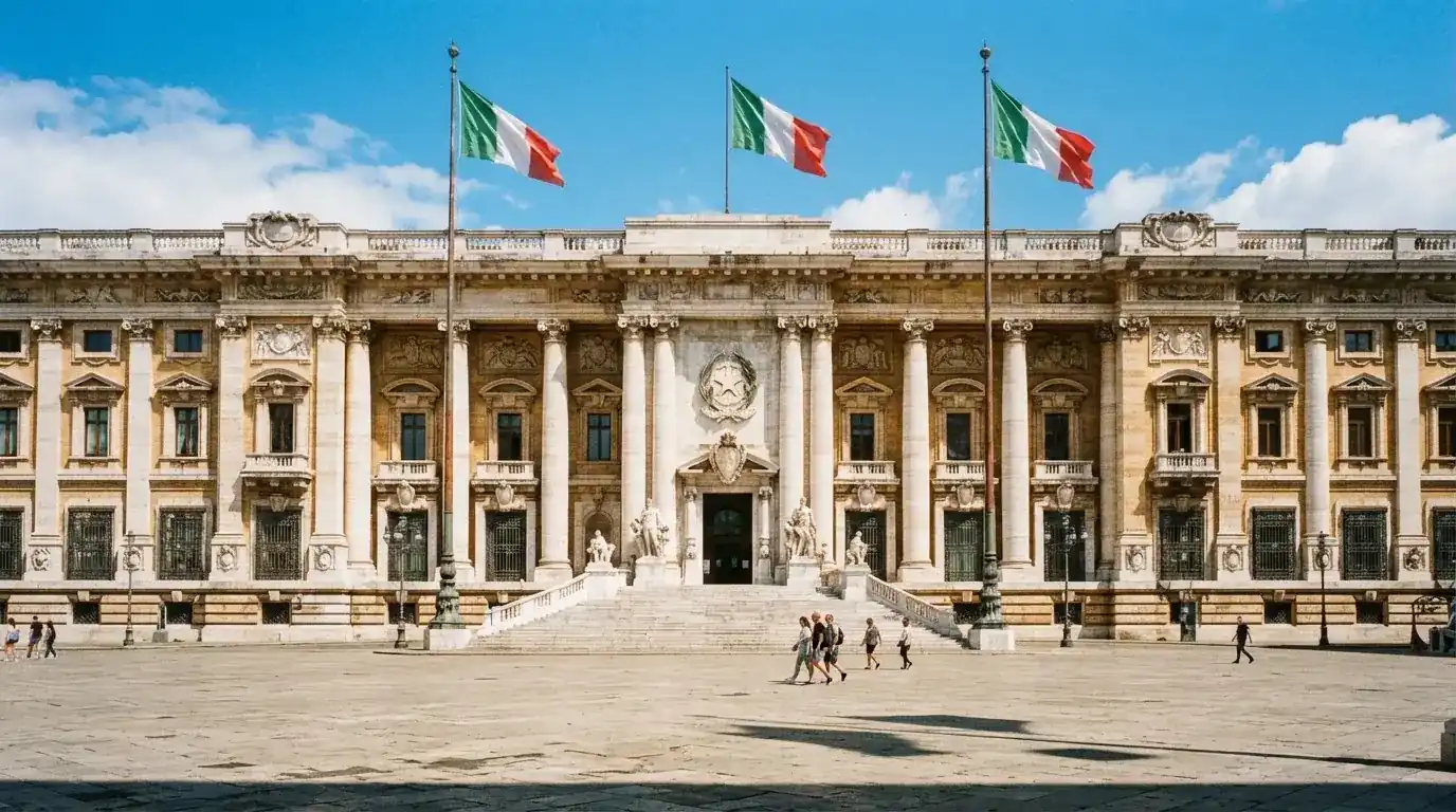 Palazzo istituzionale con bandiere al vento in una piazza soleggiata — casino deposito minimo 1, 5, 10 e 20 euro