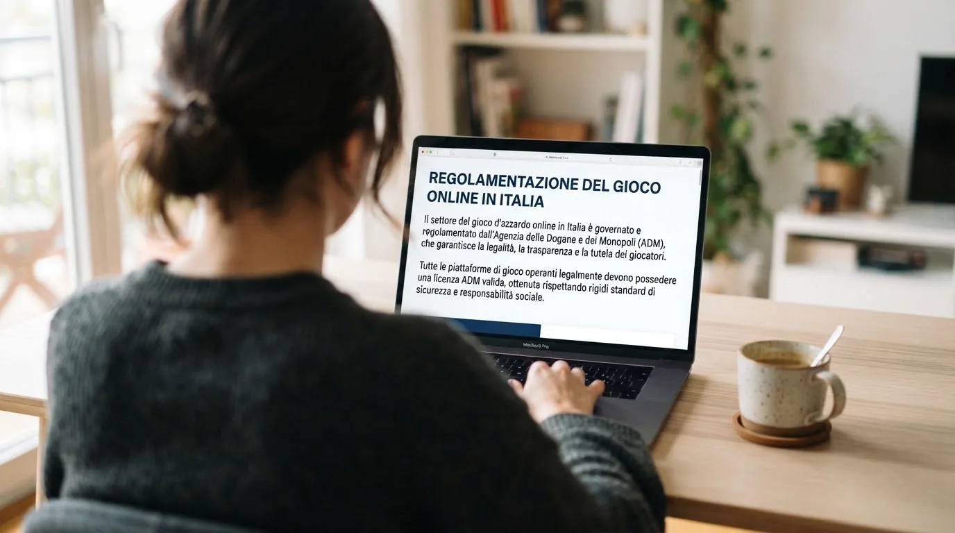 Persona davanti a un portatile che legge una pagina informativa sul gioco online in Italia — casino deposito minimo 1 euro
