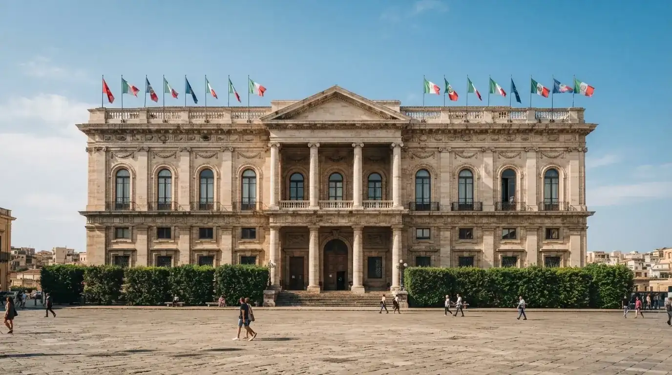 Palazzo istituzionale con bandiere al vento in una piazza soleggiata — casino deposito minimo 1 euro