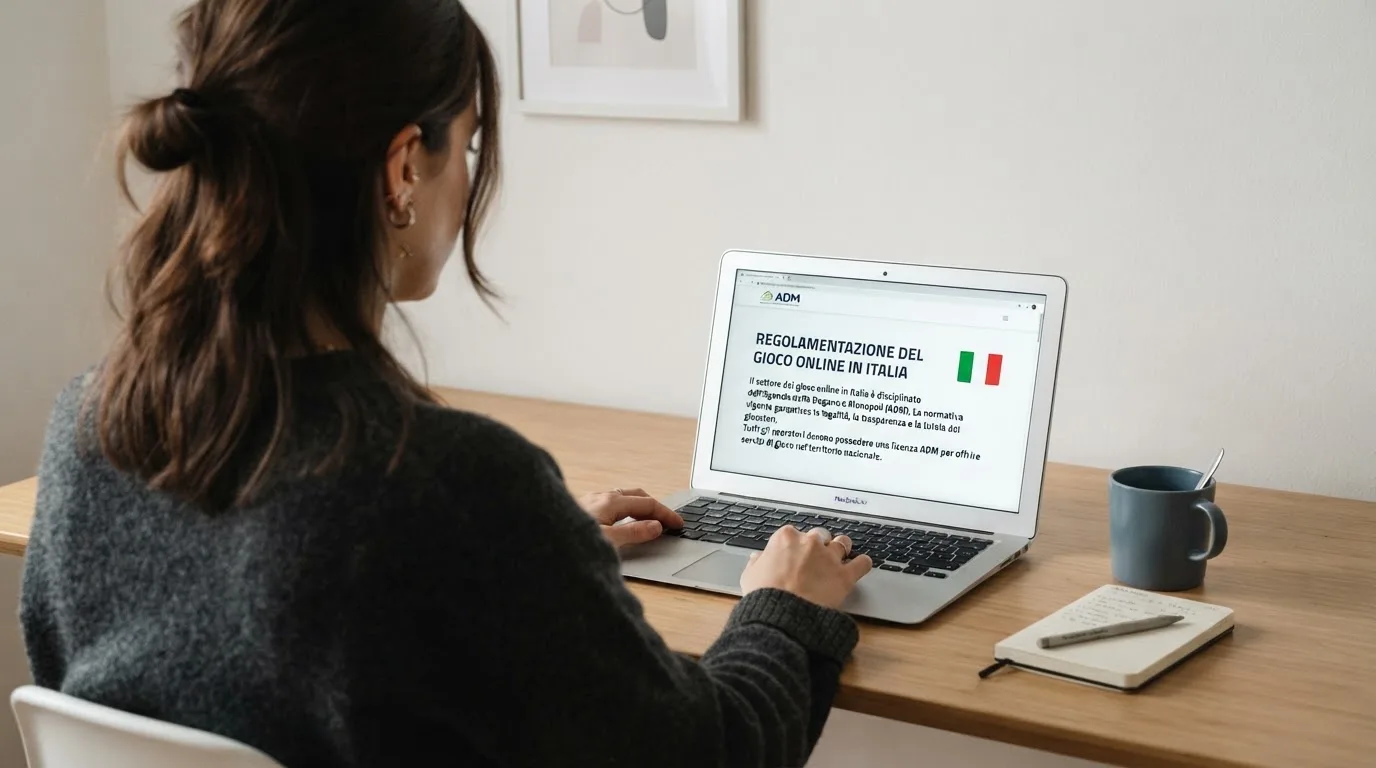 Persona davanti a un portatile che legge una pagina informativa sul gioco online in Italia — casino deposito minimo 10 centesimi