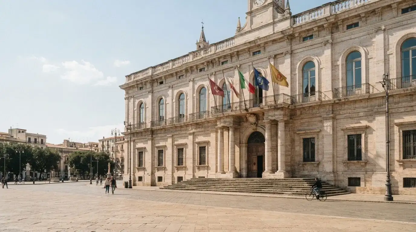 Palazzo istituzionale con bandiere al vento in una piazza soleggiata — casino deposito minimo 10 centesimi