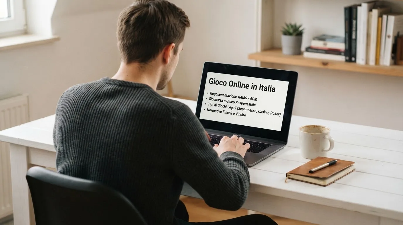 Persona davanti a un portatile che legge una pagina informativa sul gioco online in Italia — casino metodi di pagamento italia