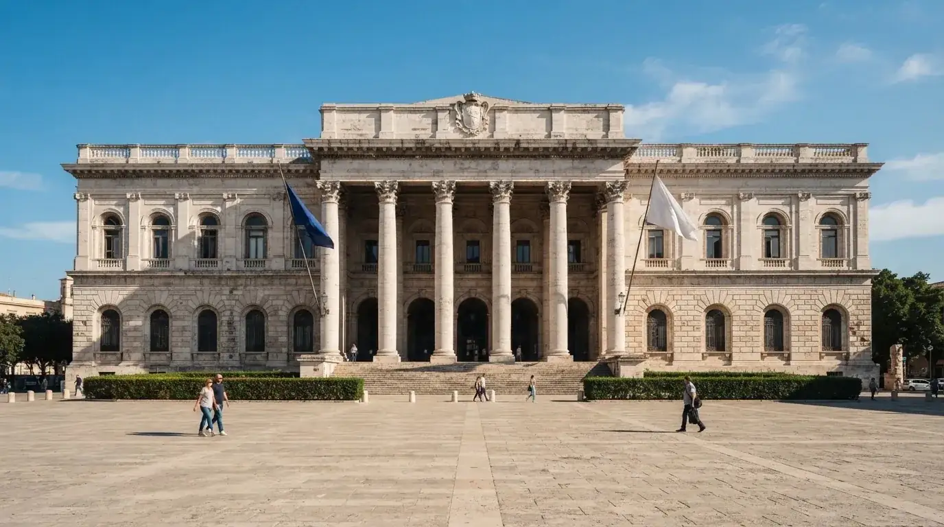 Palazzo istituzionale con bandiere al vento in una piazza soleggiata — casino metodi di pagamento italia