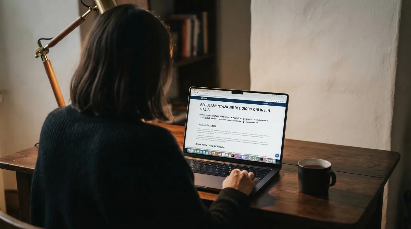 Persona davanti a un portatile che legge una pagina informativa sul gioco online in Italia — casino no adm