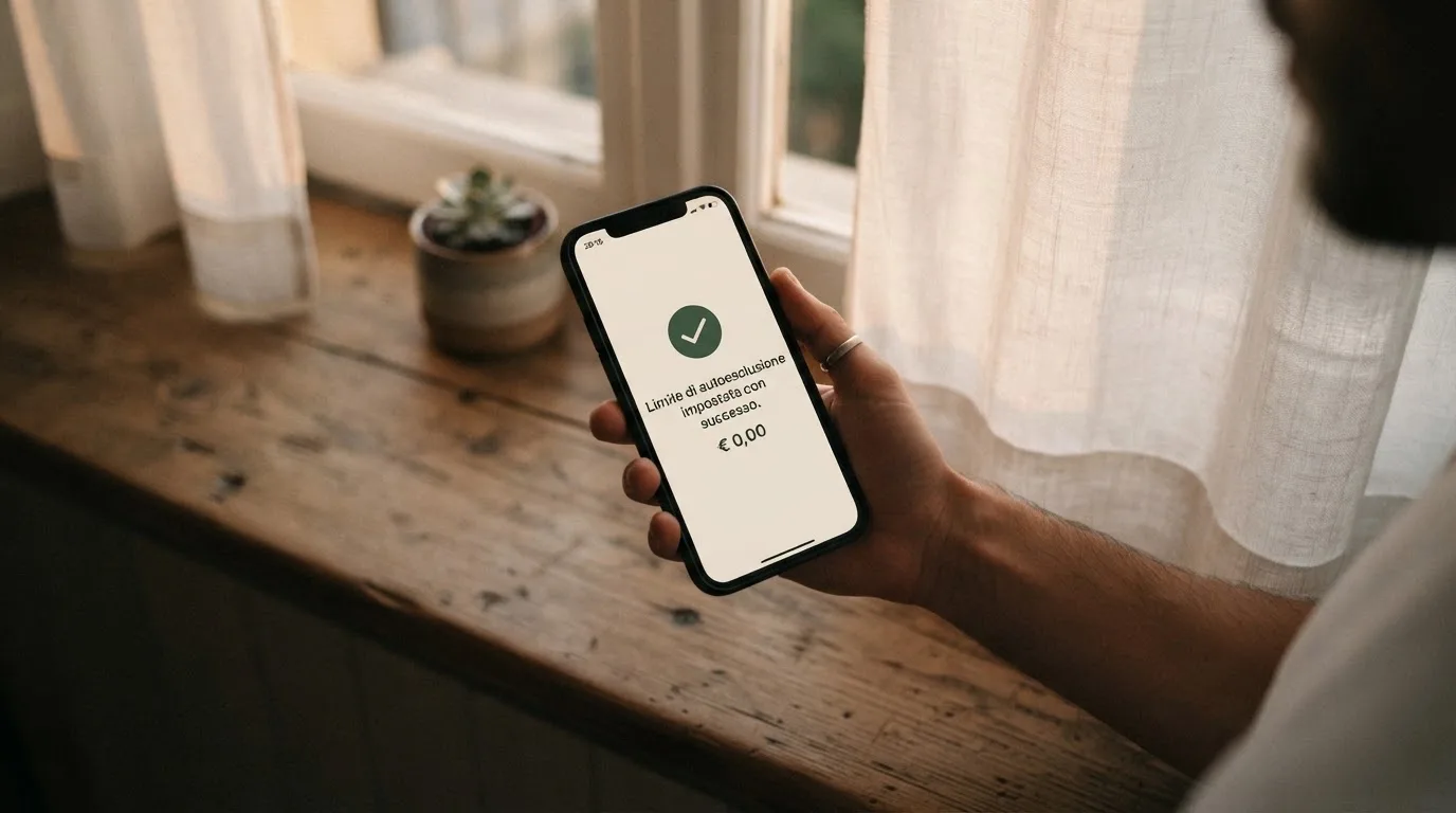 Mano che tiene uno smartphone accanto a una finestra, luce serale tranquilla — casino no adm