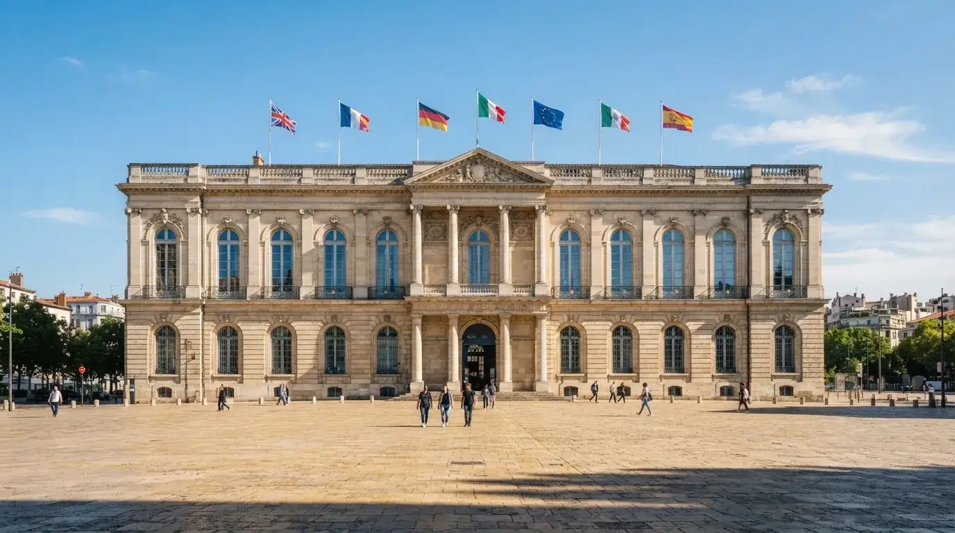 Palazzo istituzionale con bandiere al vento in una piazza soleggiata — casino non aams affidabili