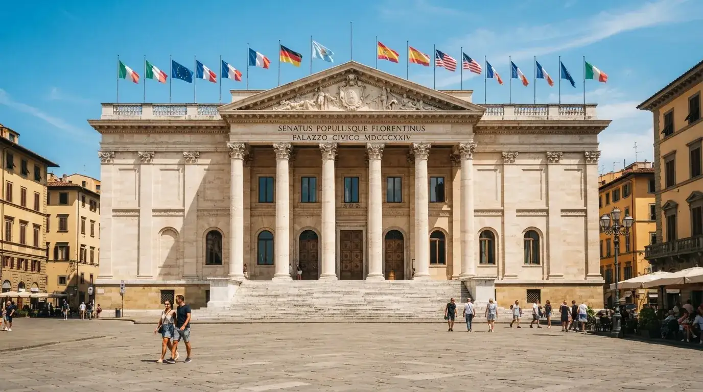 Palazzo istituzionale con bandiere al vento in una piazza soleggiata — casinò non aams che accettano dogecoin