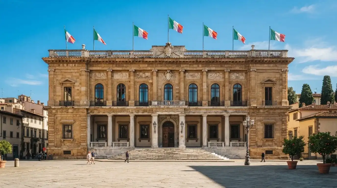 Palazzo istituzionale con bandiere al vento in una piazza soleggiata — casino non aams che accettano postepay