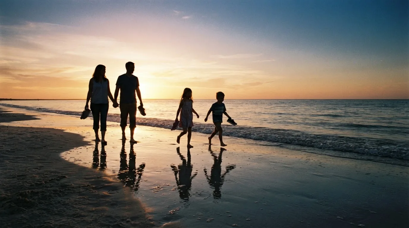 Una famiglia cammina insieme lungo una spiaggia al tramonto, lontana da schermi e dispositivi elettronici.