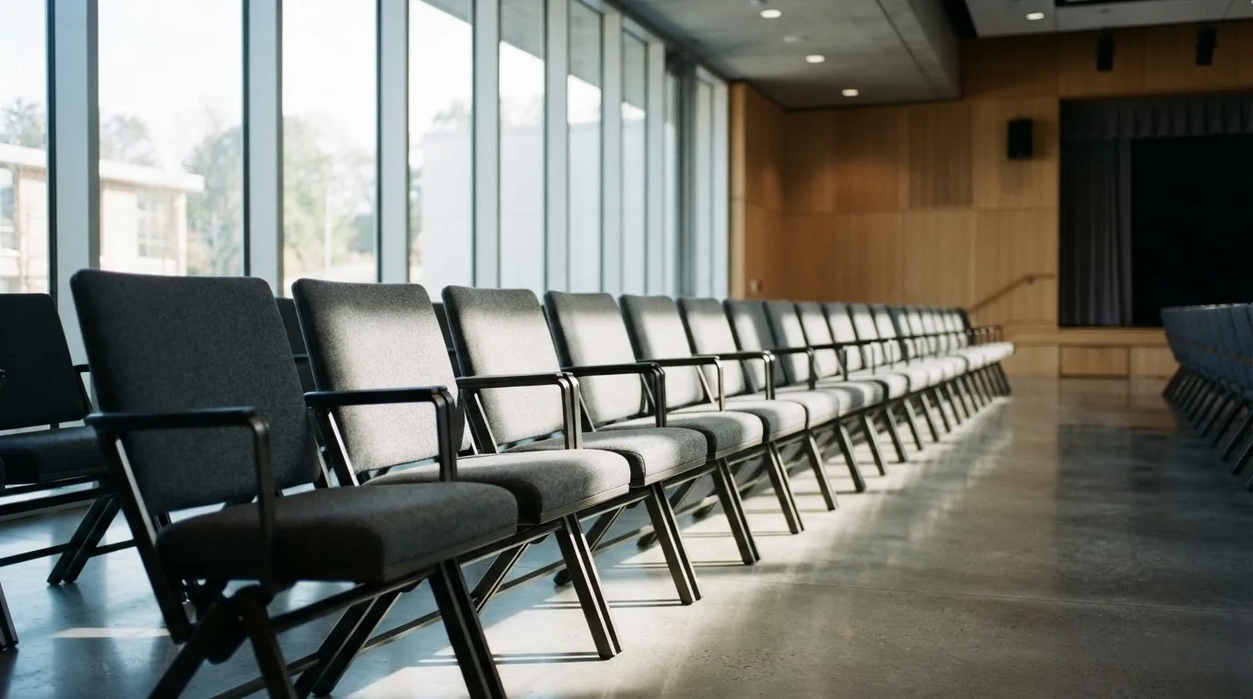 Una fila ordinata di sedie vuote disposte in un auditorium moderno illuminato da ampie finestre.