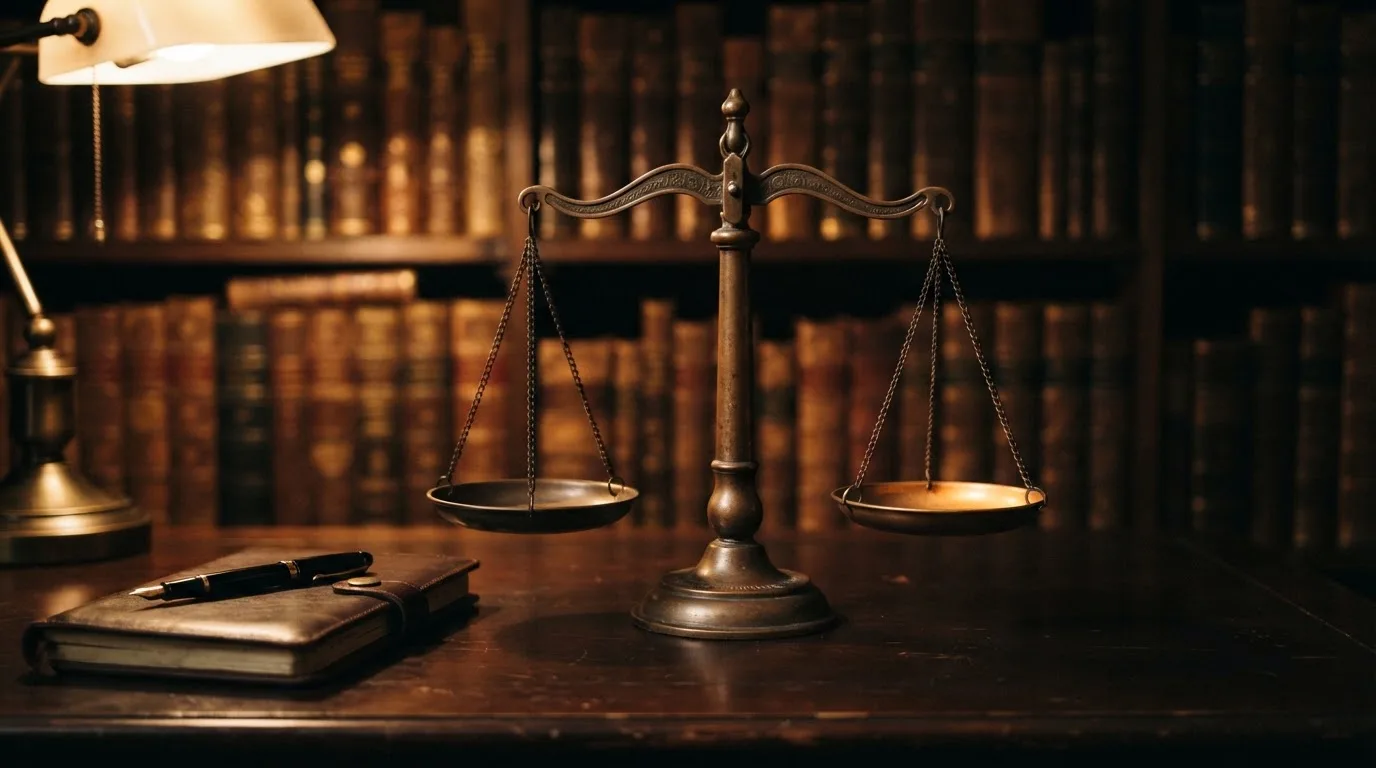 Una bilancia in bronzo posta su un tavolo di legno scuro in uno studio con libreria sfocata sullo sfondo.