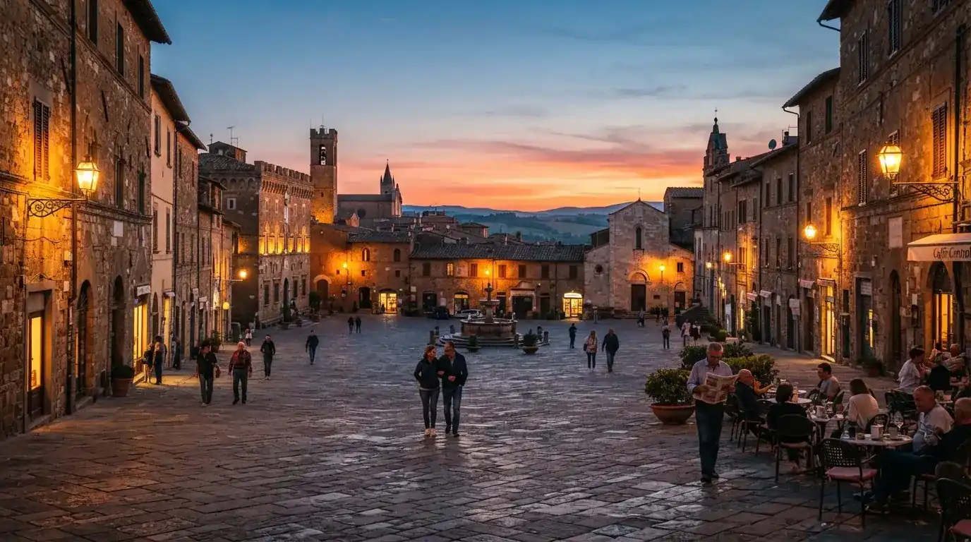 Vista panoramica di una piazza italiana al tramonto con lampioni accesi e persone che passeggiano.