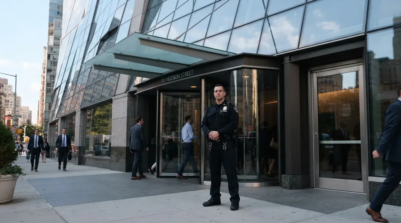 Un agente di sicurezza in uniforme osserva l'ingresso di un edificio moderno di giorno.