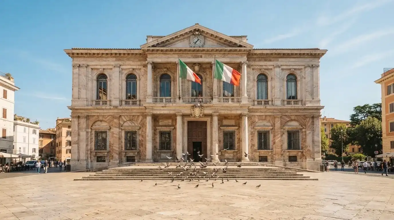 Palazzo istituzionale con bandiere al vento in una piazza soleggiata — casino online con algoritmo unbiased