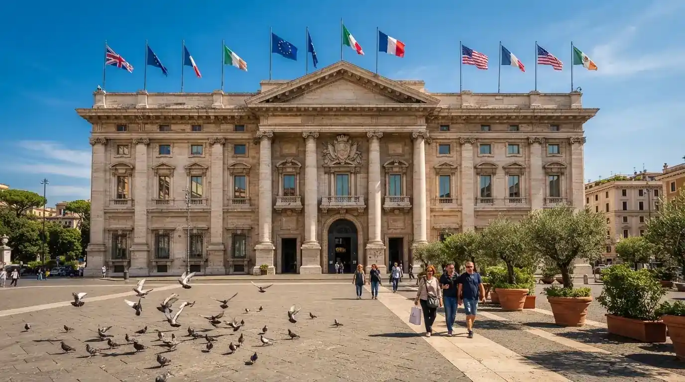 Palazzo istituzionale con bandiere al vento in una piazza soleggiata — casino online con cie