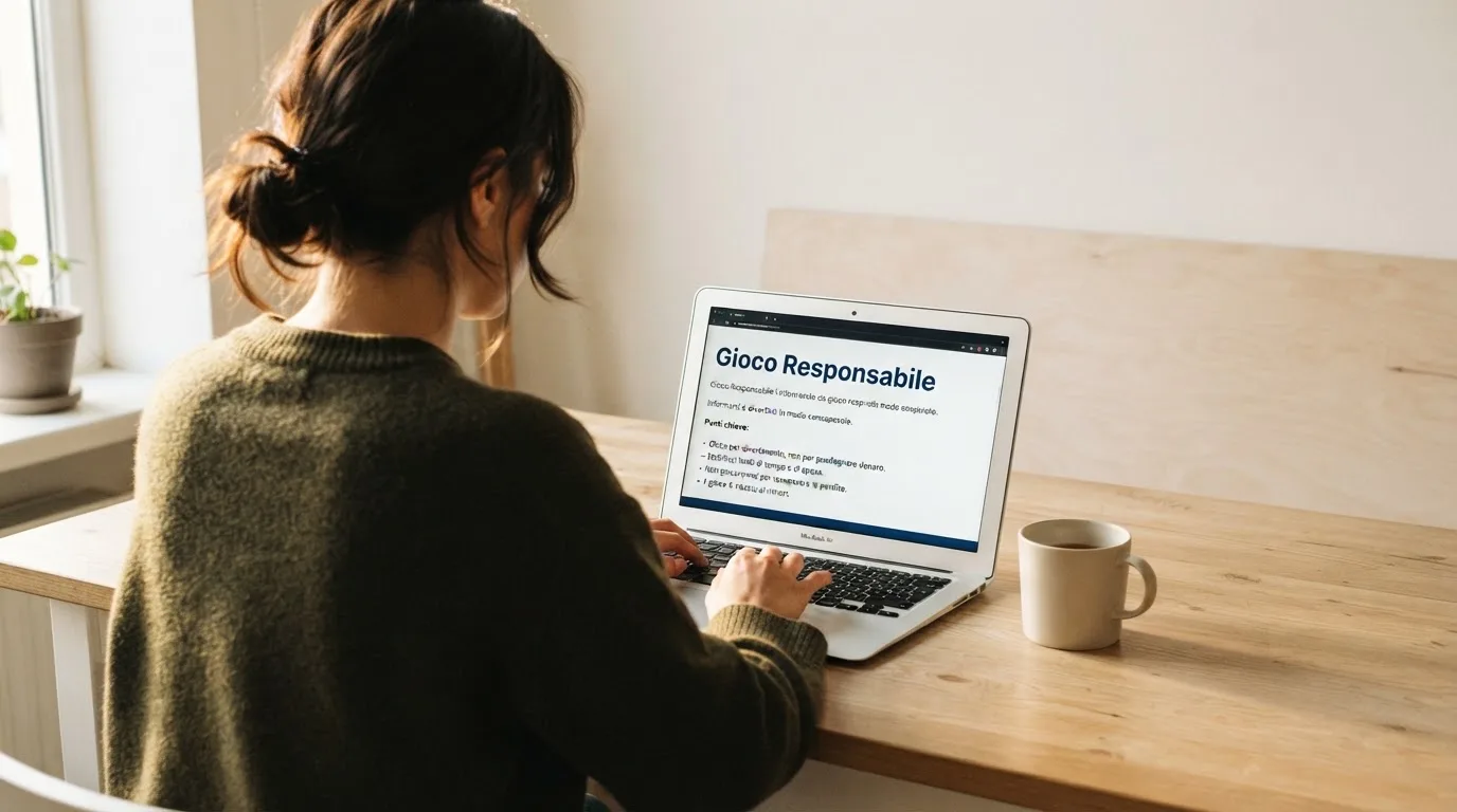 Persona davanti a un portatile che legge una pagina informativa sul gioco online in Italia — casino online con soldi finti