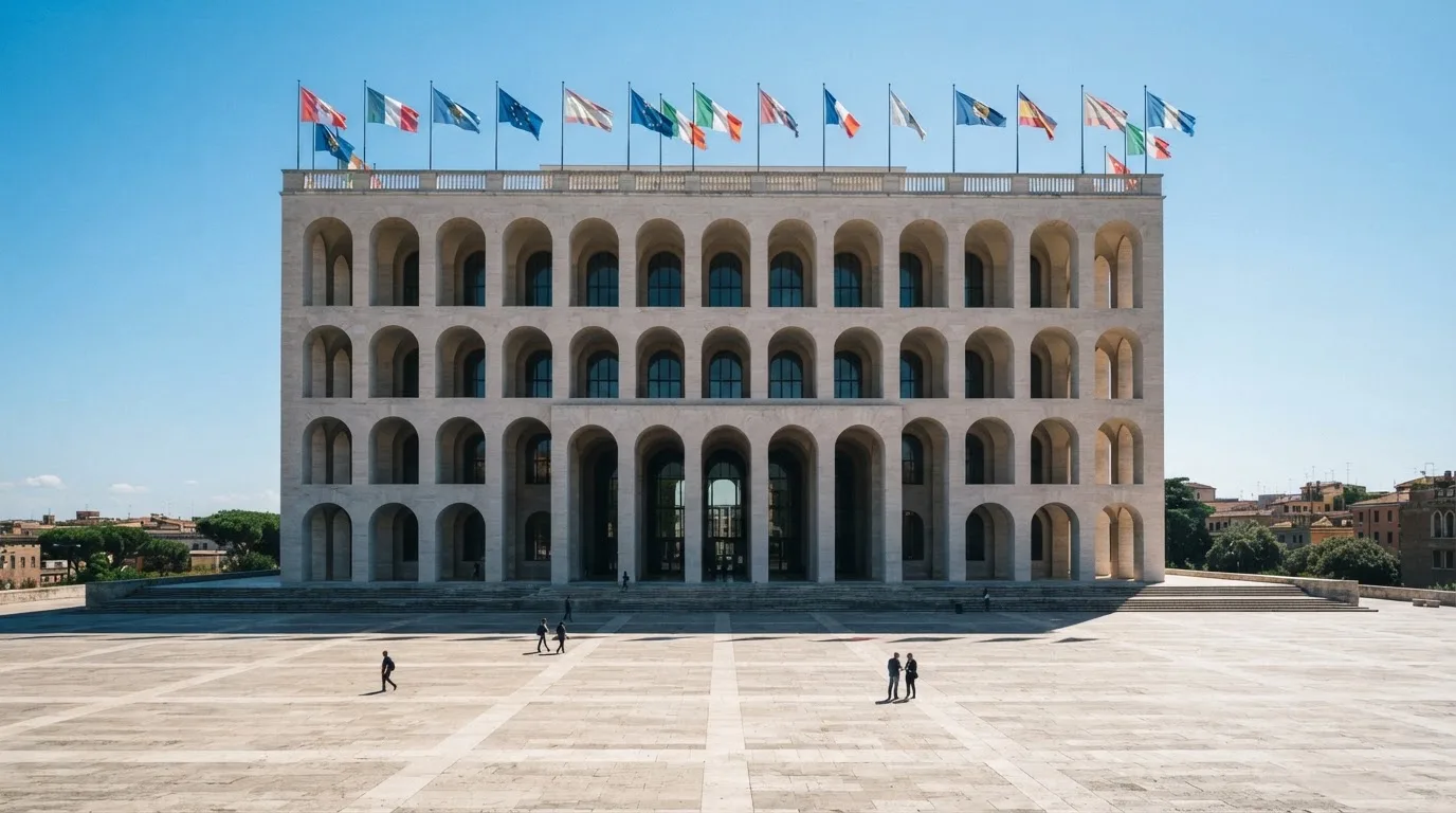 Palazzo istituzionale con bandiere al vento in una piazza soleggiata — casino online con soldi finti
