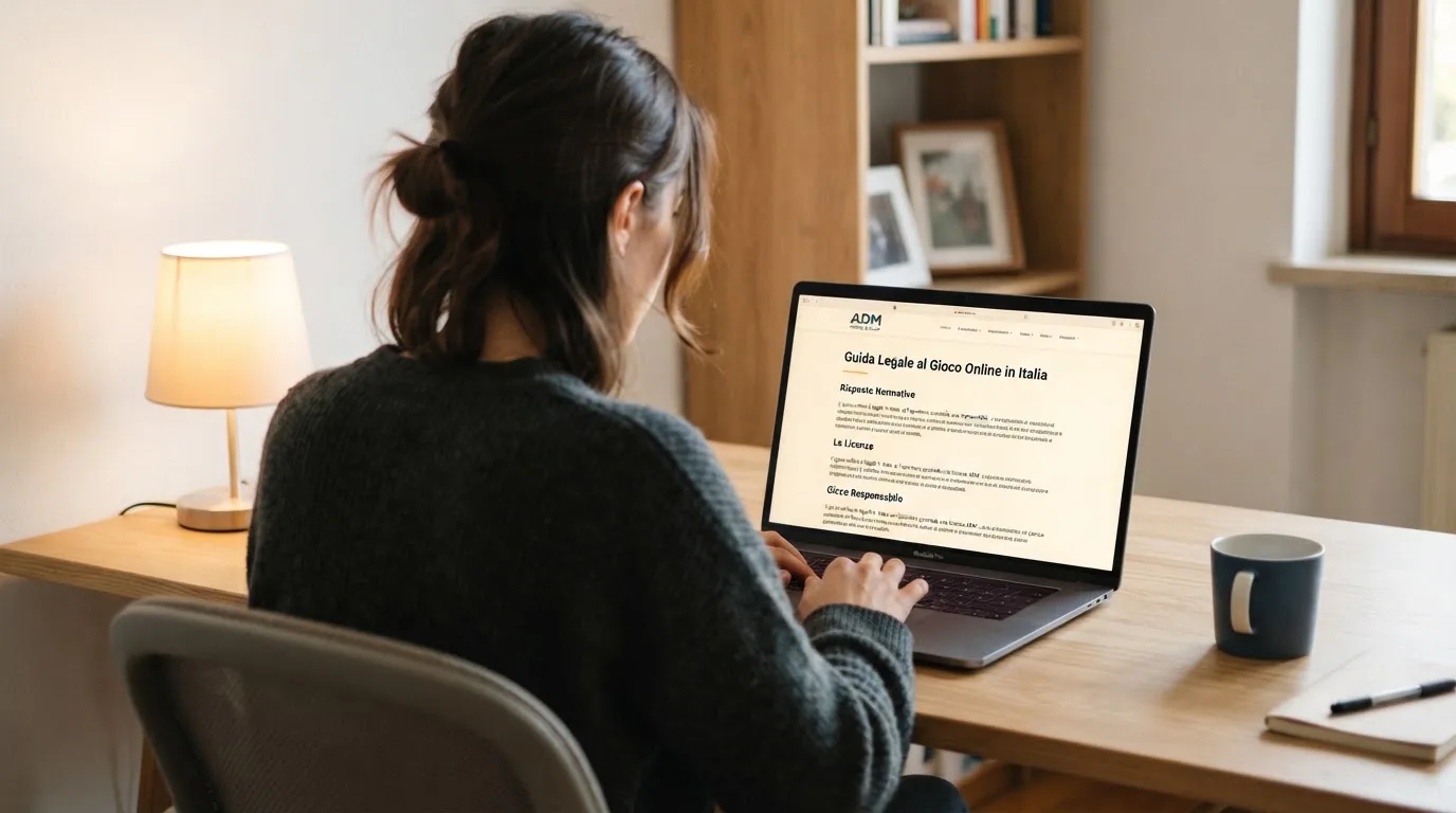 Persona davanti a un portatile che legge una pagina informativa sul gioco online in Italia — casino online italiani autorizzati aams