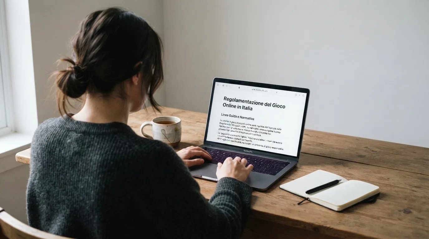 Persona davanti a un portatile che legge una pagina informativa sul gioco online in Italia — casino online italiani senza autoesclusione