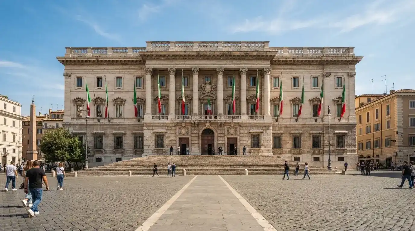 Palazzo istituzionale con bandiere al vento in una piazza soleggiata — casino online italiani senza autoesclusione