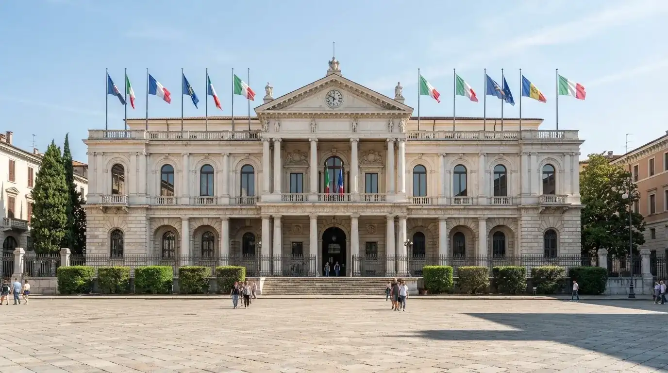Palazzo istituzionale con bandiere al vento in una piazza soleggiata — casino online senza registrazione