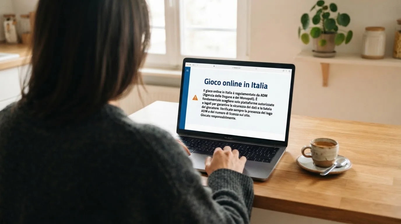 Persona davanti a un portatile che legge una pagina informativa sul gioco online in Italia — casino senza codice fiscale