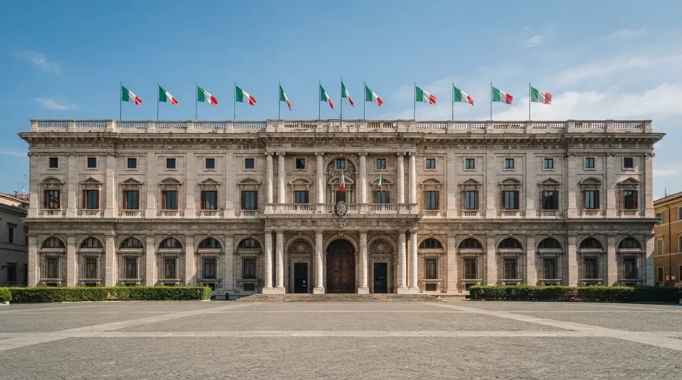 Palazzo istituzionale con bandiere al vento in una piazza soleggiata — casino senza codice fiscale