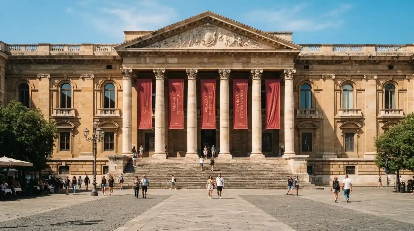 Palazzo istituzionale con bandiere al vento in una piazza soleggiata — casinò slot machines con rtp alto